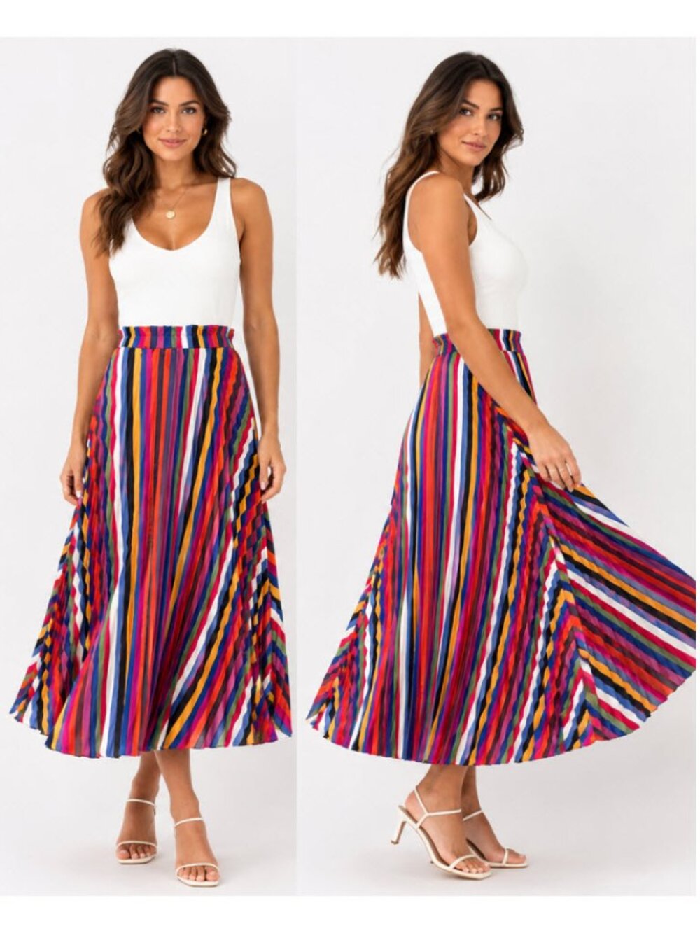 Lucy Paris Pleated Multi Stripe Midi Skirt Stretch Waist S/M Colourful